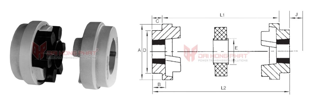 Technical drawing of KE (HRC) elastomeric coupling