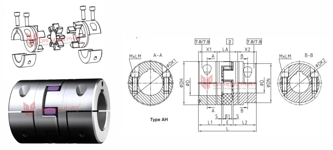 Technical drawing of Rotex AH Flexible Jaw Couplings