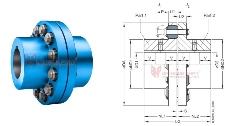 Technical drawing of the Rupex RWS Pin and Bush Couplings