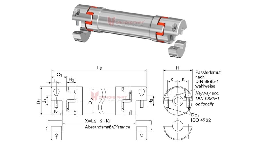 Technical drawing of elastomer jaw couplings GWE 5106.1