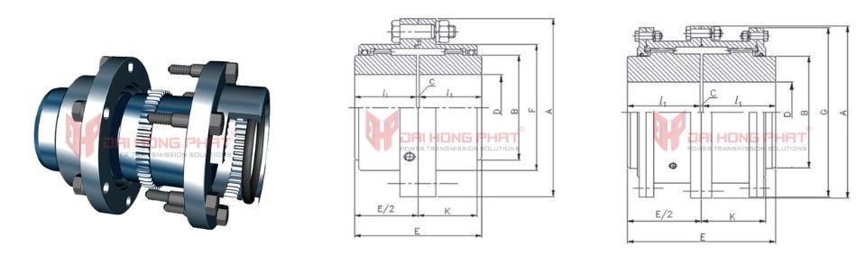Technical drawing of the Gear Couplings Type GD GDL