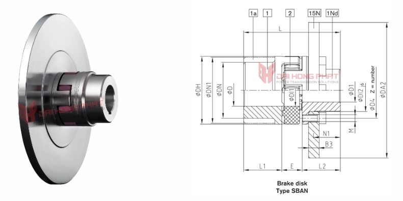 Technical drawing of the Rotex SBAN Flexible Jaw Couplings