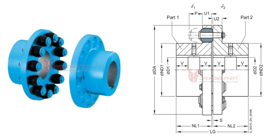 Technical drawing of the Rupex RWN Pin and Bush Couplings