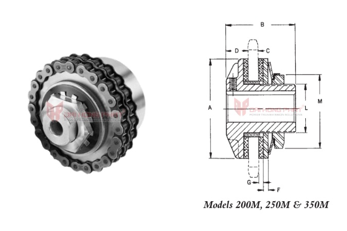 Technical drawing of the Torque Limiters Type 200M, 250M, 350M