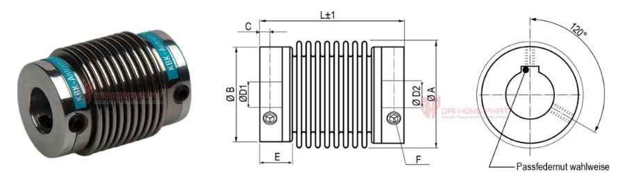 Technical drawing of the metal bellows coupling KBK KB1
