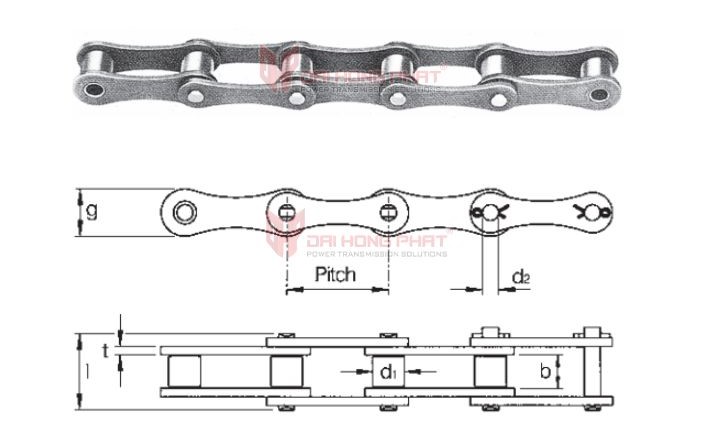 Technical drawing of the Double Pitch Roller Chain Cross Morse