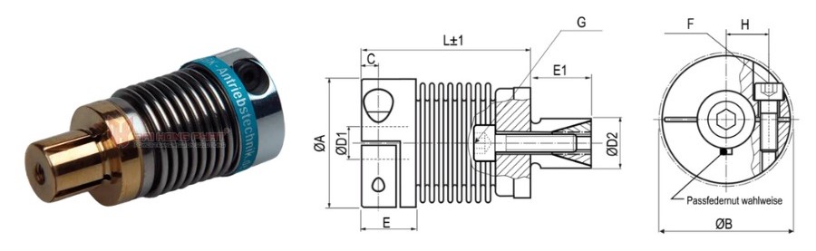 Technical drawing of the metal bellows coupling KBK KB3