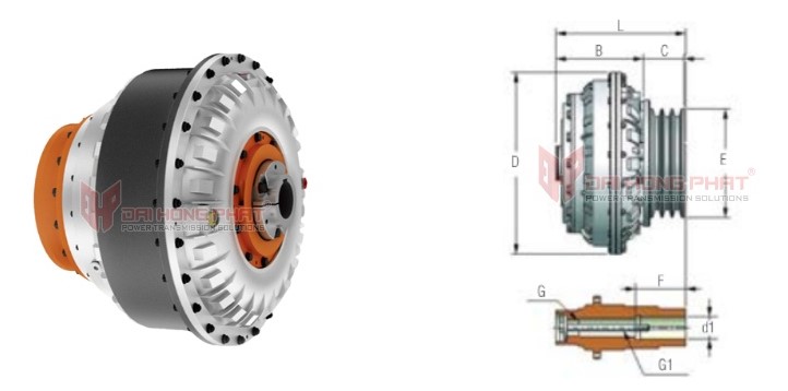 Technical drawing of the Henfel Hydrodynamic Couplings Type HCP-With Pulley