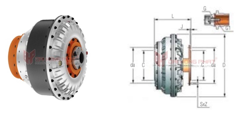 Technical drawing of the Henfel Hydrodynamic Couplings Type HFB With Flange