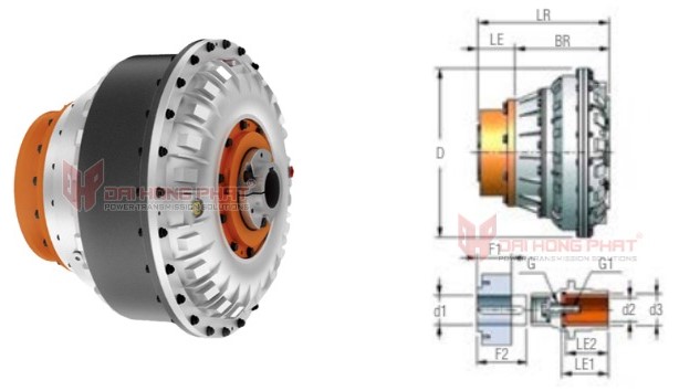 Technical drawing of the Hydrodynamic Couplings Type HLE-R