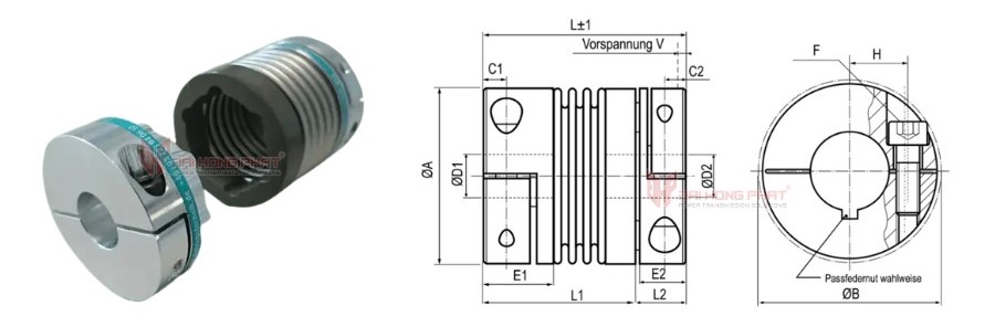 Technical drawing of the Metal Bellows Coupling KBK KB2P