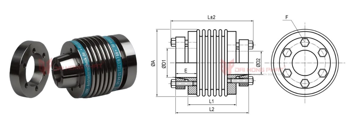 Technical drawing of the Metal Bellows Coupling KBK KB6