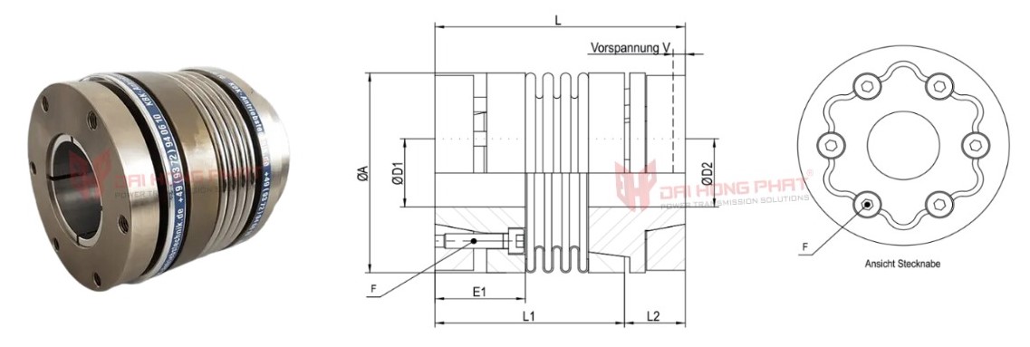 Technical drawing of Metal Bellows Coupling KBK KB6P