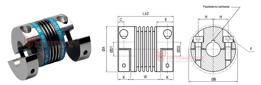 Technical drawing of the metal bellows coupling KBK KB4HC