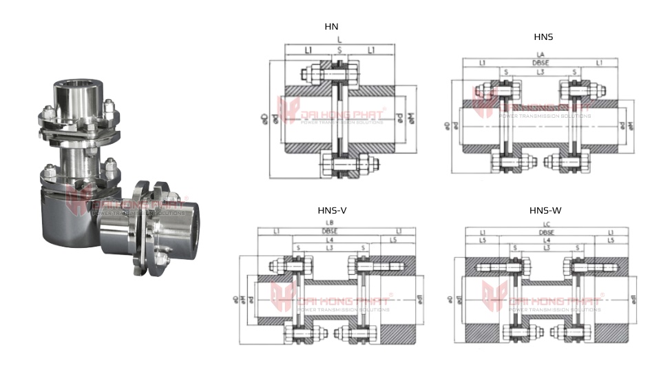 Technical drawing of the Rotodisc Lamellar Coupling Series HN-HNS