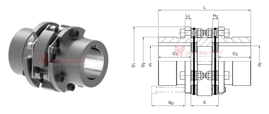 Technical drawing of the Steel Disc Couplings TND OCO