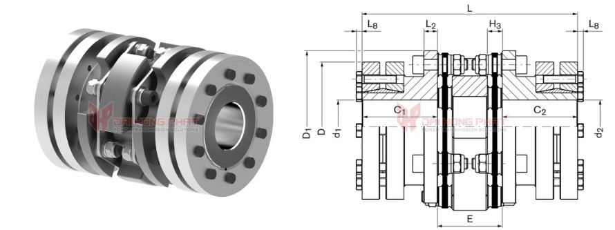 Technical drawing of the Steel Disc Couplings TND QCQ