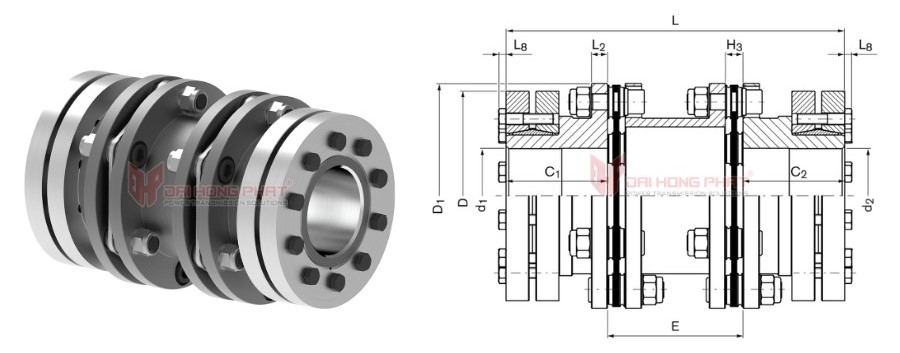 Technical drawing of the Steel Disc Couplings TND XDX