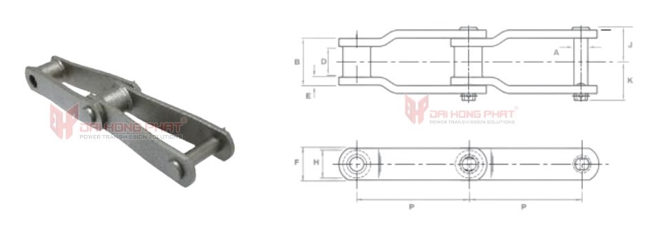 Technical drawing of the Welded Steel Conveyor Chain