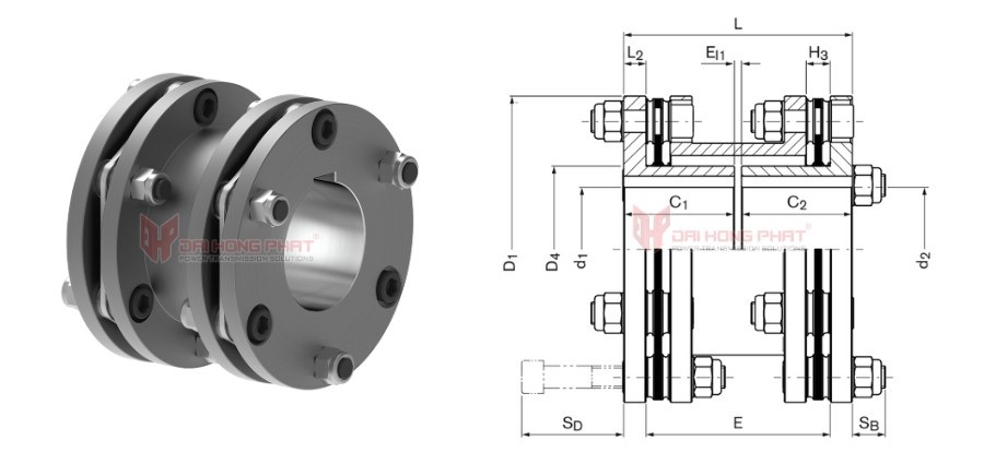 Technical drawing of the steel disc couplings TND VDV