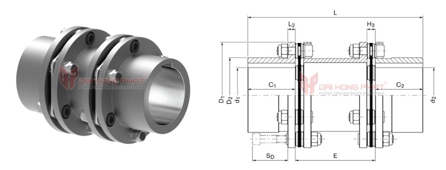 Technical drawing of the Steel Disc Couplings TND HDH
