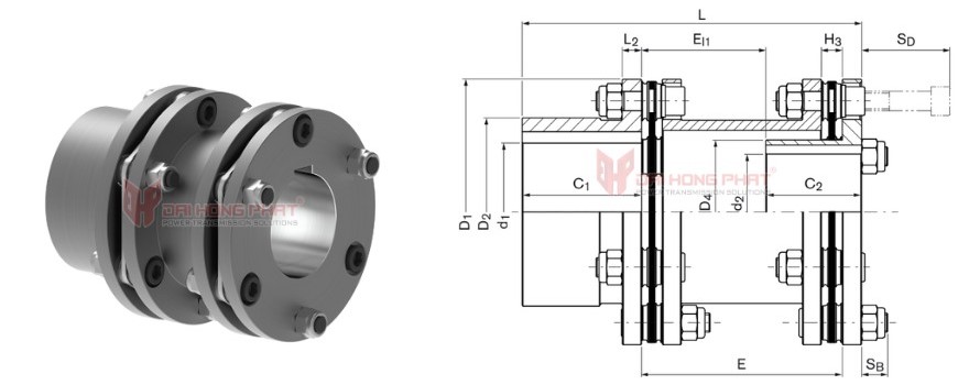 Technical drawing of the Steel Disc Couplings TND HDV