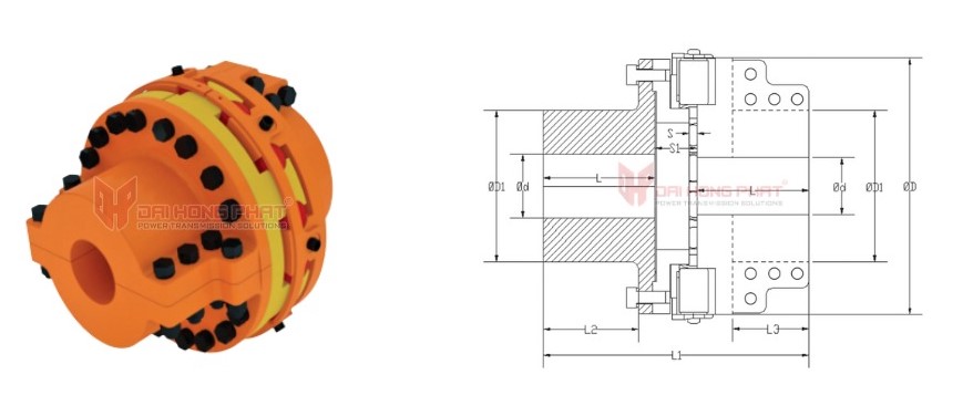 Technical drawing of the HDFB Split Flexible Coupling