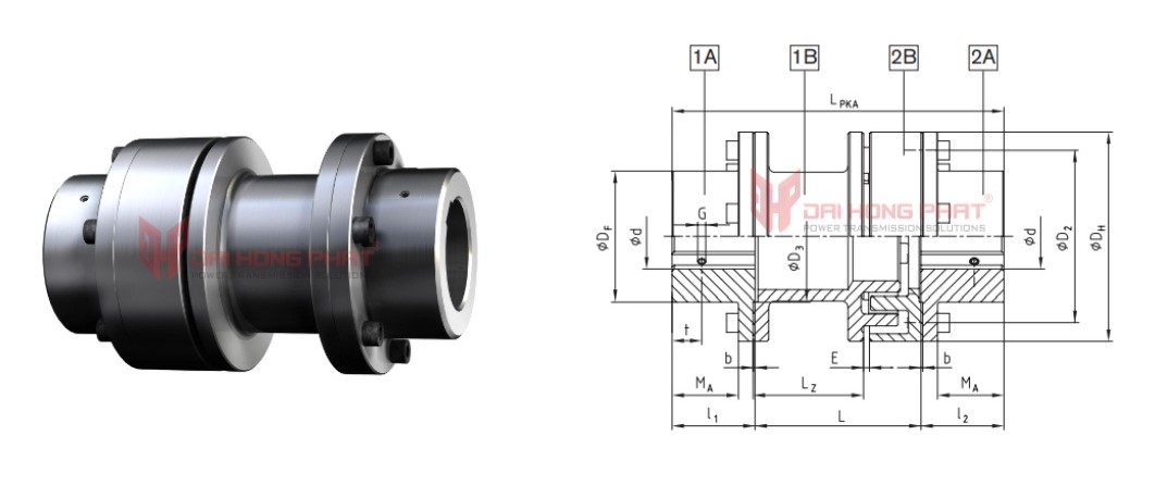 Technical drawing of Poly PKA Flexible Couplings