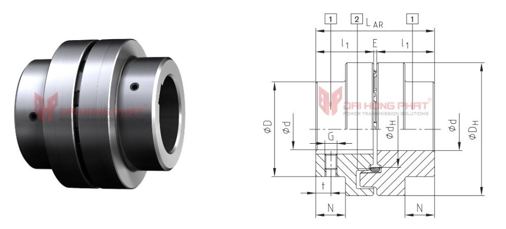 Technical drawing of Poly-norm AR flexible jaw couplings