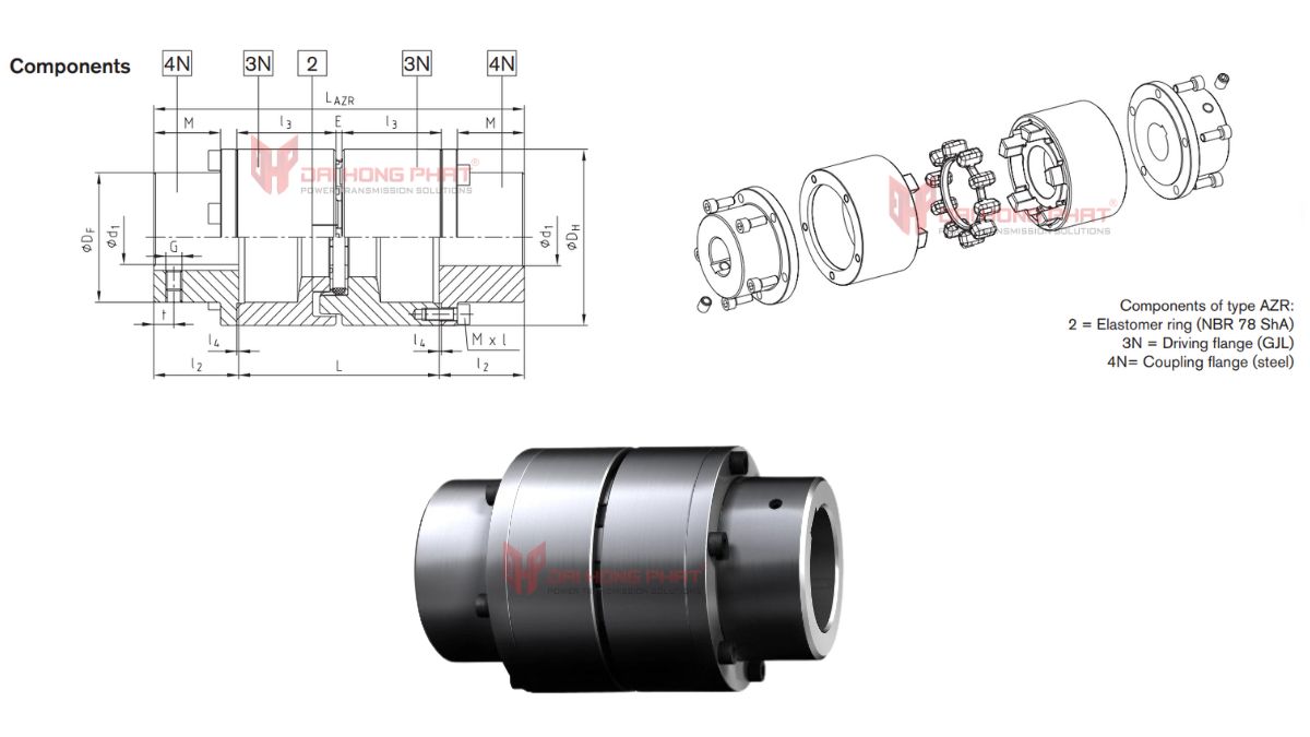 Technical drawing of Poly-norm AZR Flexible Jaw Coupling