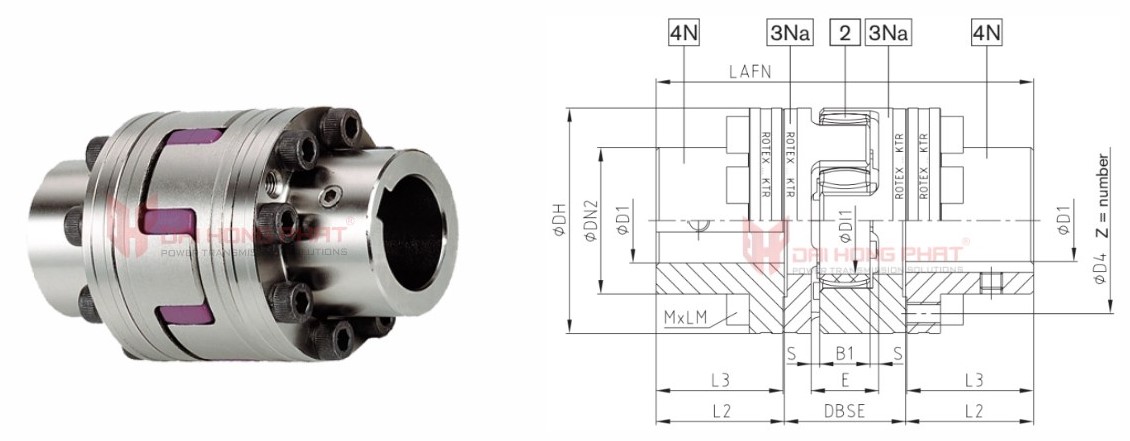 Technical drawing of Rotex AFN Flexible Jaw Couplings