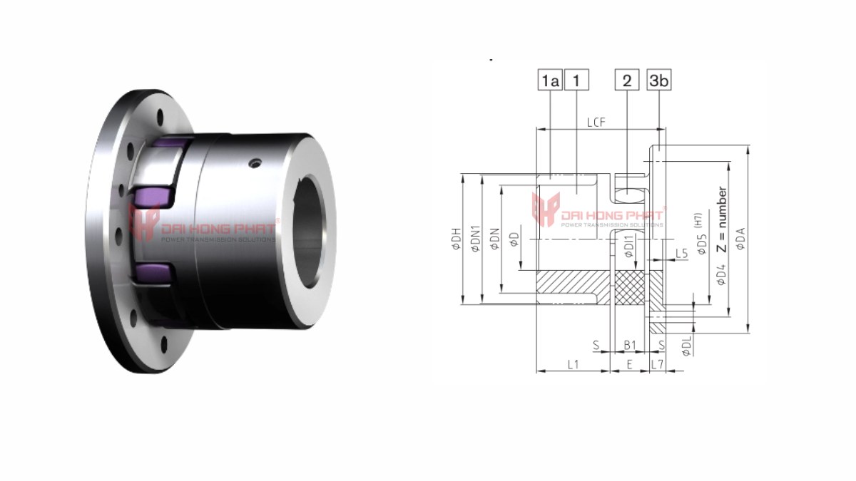 Technical drawing of Rotex CF Flexible Jaw Couplings