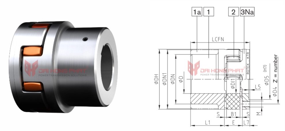 Technical drawing of Rotex CFN Flexible Jaw Couplings