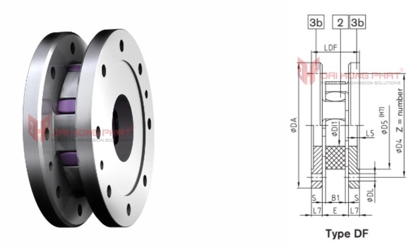 Technical drawing of Rotex DF Flexible Jaw Couplings DF