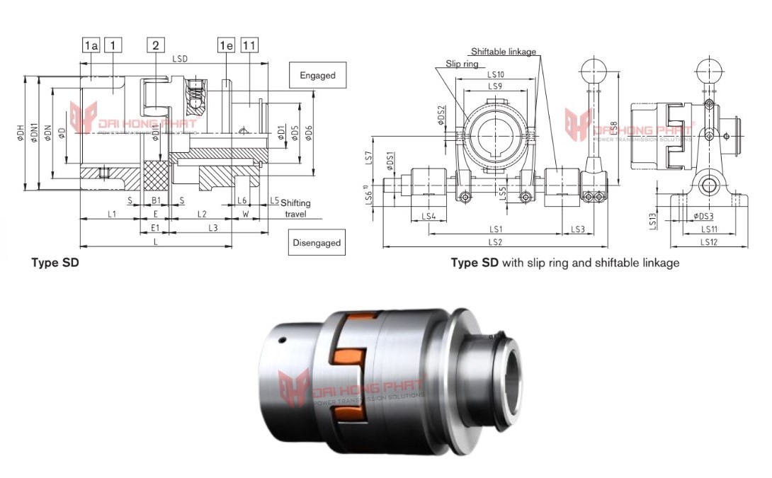 Technical drawing of Rotex SD Flexible Jaw Couplings