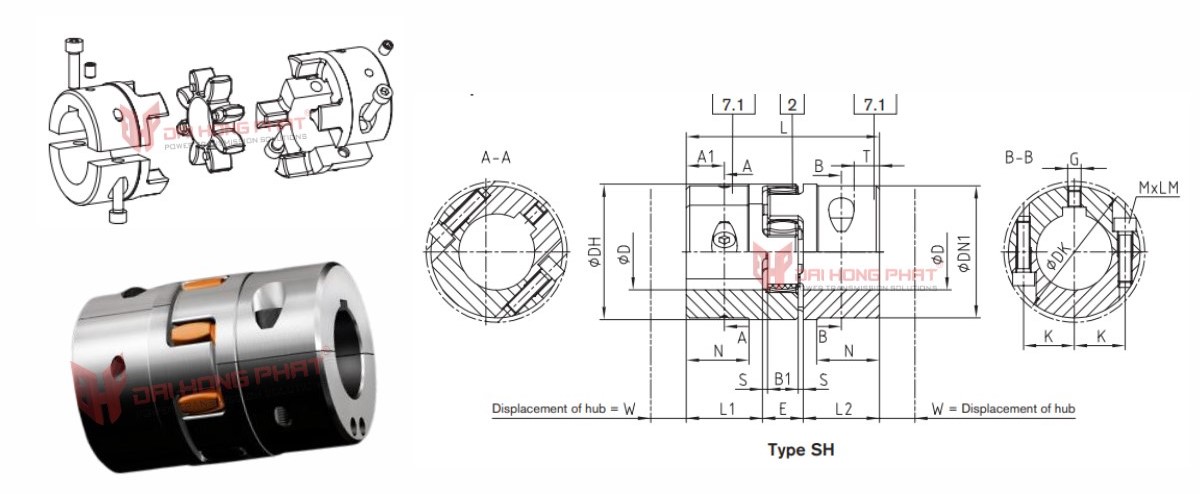 Technical drawing of Rotex SH Flexible Jaw Couplings