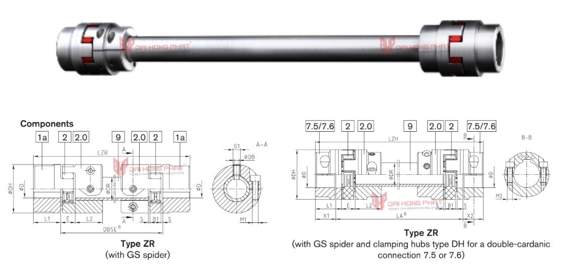 Technical drawing of Rotex ZR Flexible Jaw Couplings