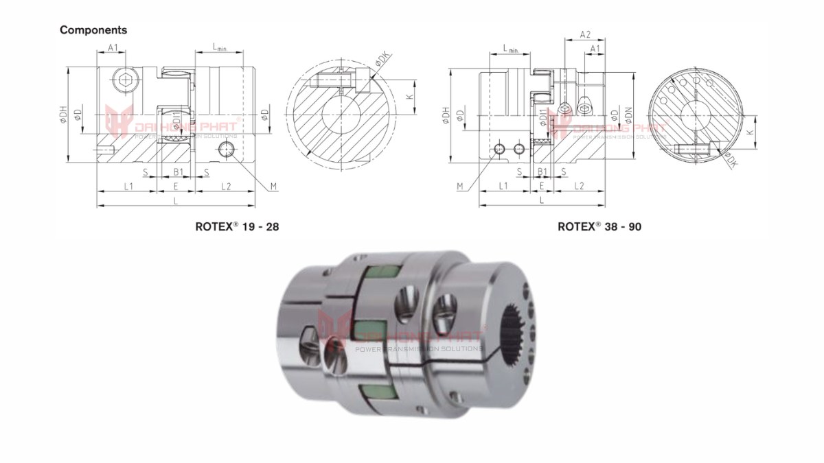 Technical drawing of Rotex clamping hubs flexible jaw couplings