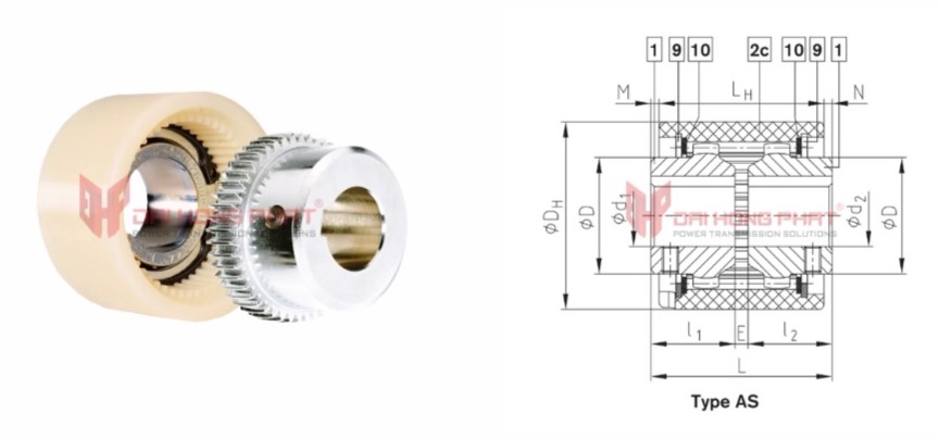 Technical drawing of the Bowex AS Curved-Tooth Gear Couplings