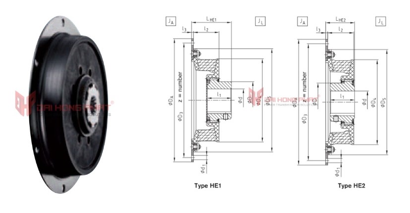Technical drawing of the Bowex-Elastic HE1(HE2) Flange Couplings