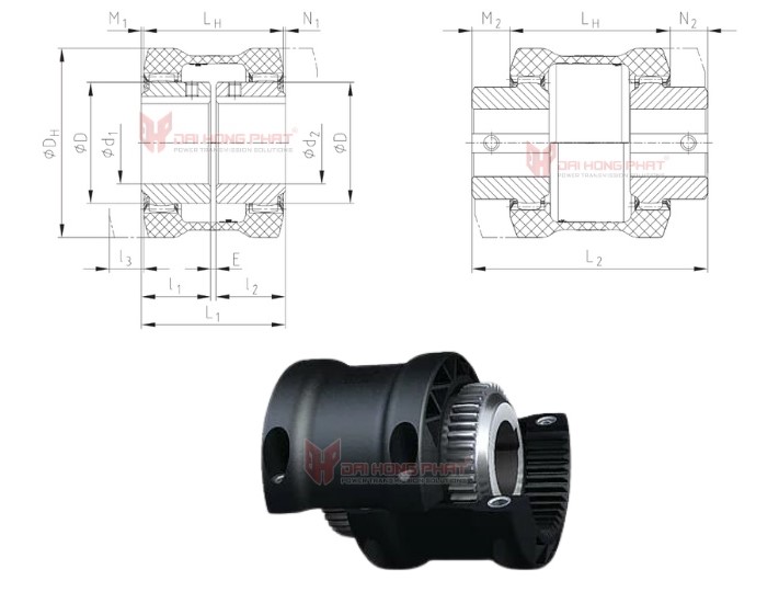 Technical drawing of the Bowex GT Curved-Tooth Gear Couplings
