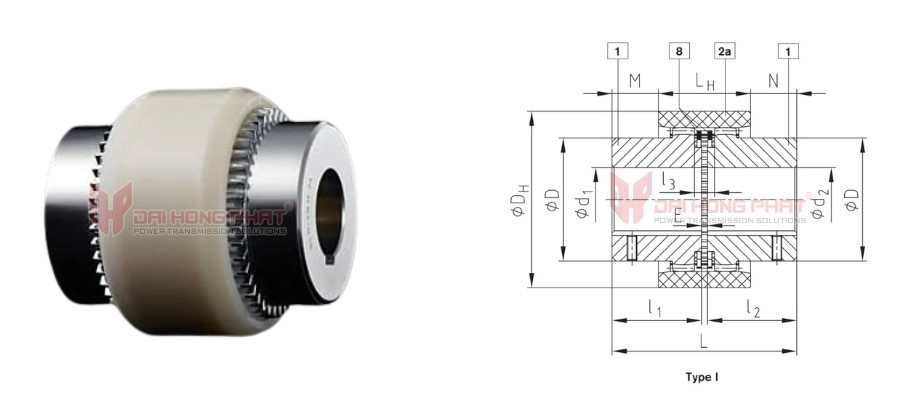 Technical drawing of the Bowex I Curved-Tooth Gear Couplings