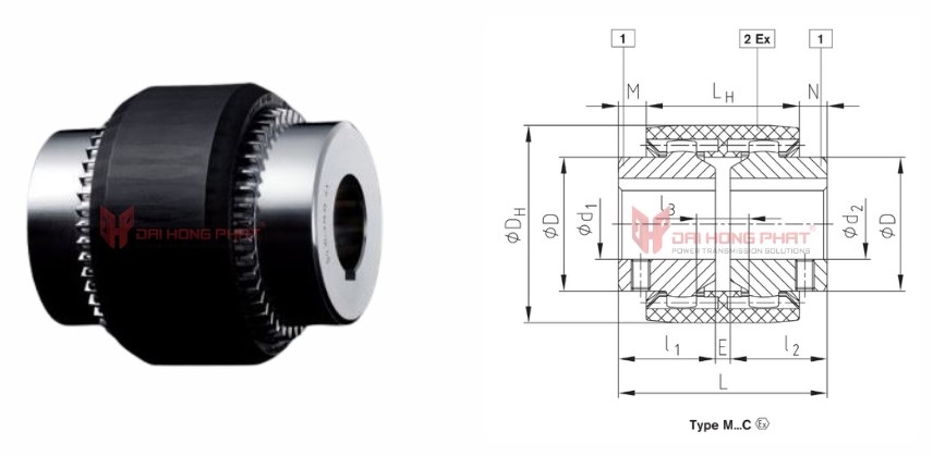 Technical drawing of the Bowex MC Curved-Tooth Gear Couplings