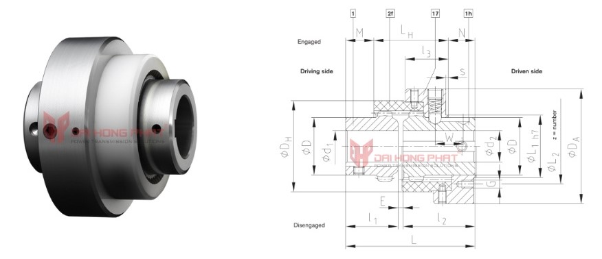Technical drawing of the Bowex SD(-D) Curved-Tooth Gear Couplings