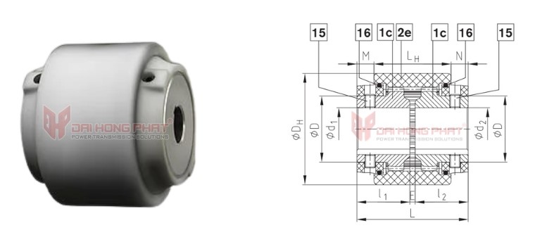Technical drawing of the Bowex SG Curved-Tooth Gear Couplings