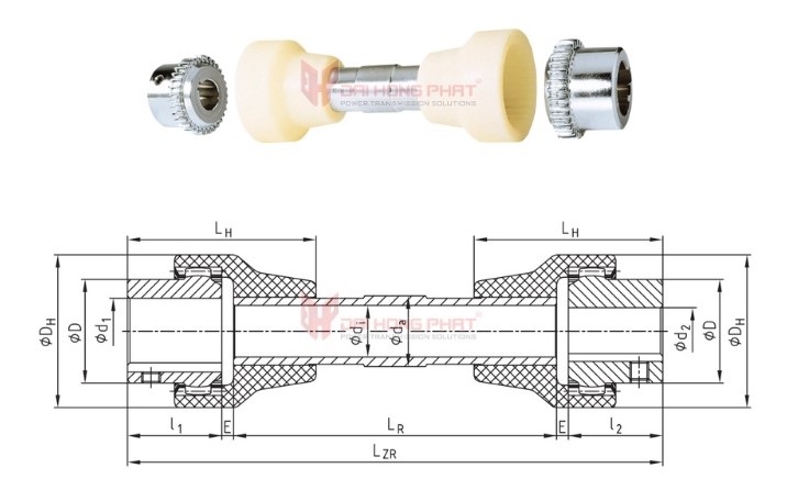 Technical drawing of the Bowex ZR Curved-Tooth Gear Couplings