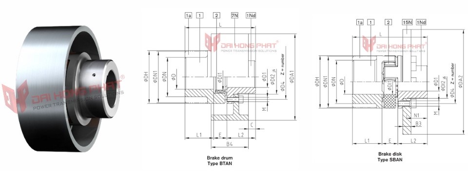 Technical drawing of the Rotex BTAN Flexible Jaw Couplings
