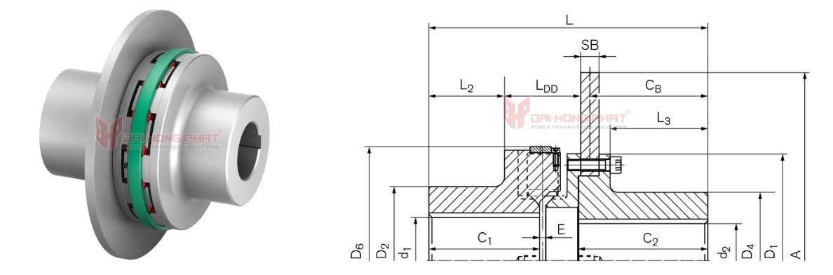 Technical drawing of Elastomer Jaw Couplings TNB BHD BS