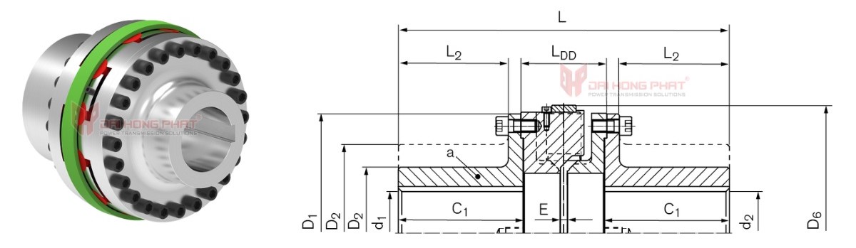 Technical drawing of Elastomer Jaw Couplings TNB BHDD