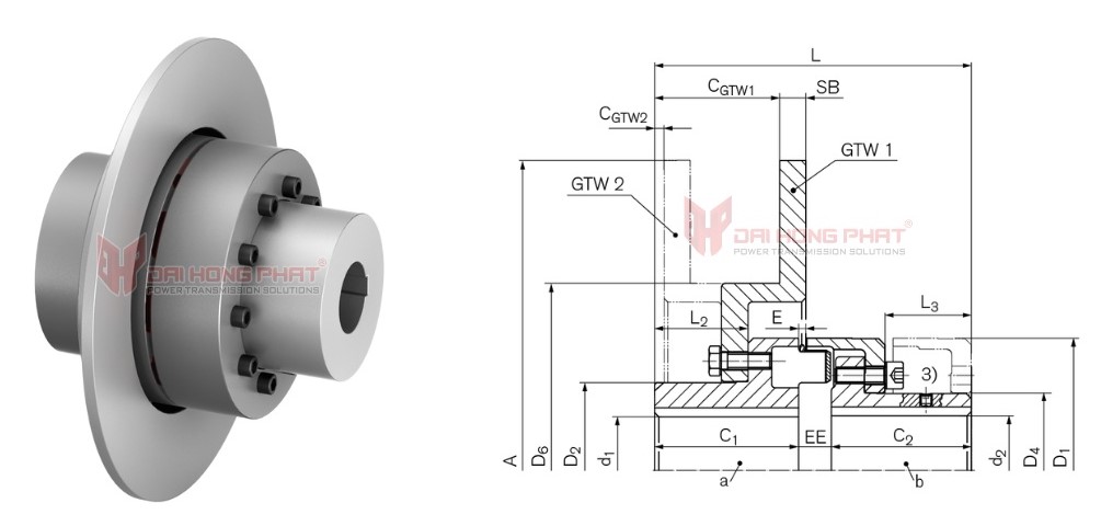 Technical drawing of Elastomer Jaw Couplings TNM GTW